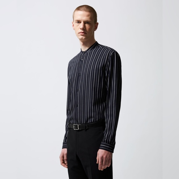 The Kooples STRIPED COLLARLESS BLUE SHIRT S52-11